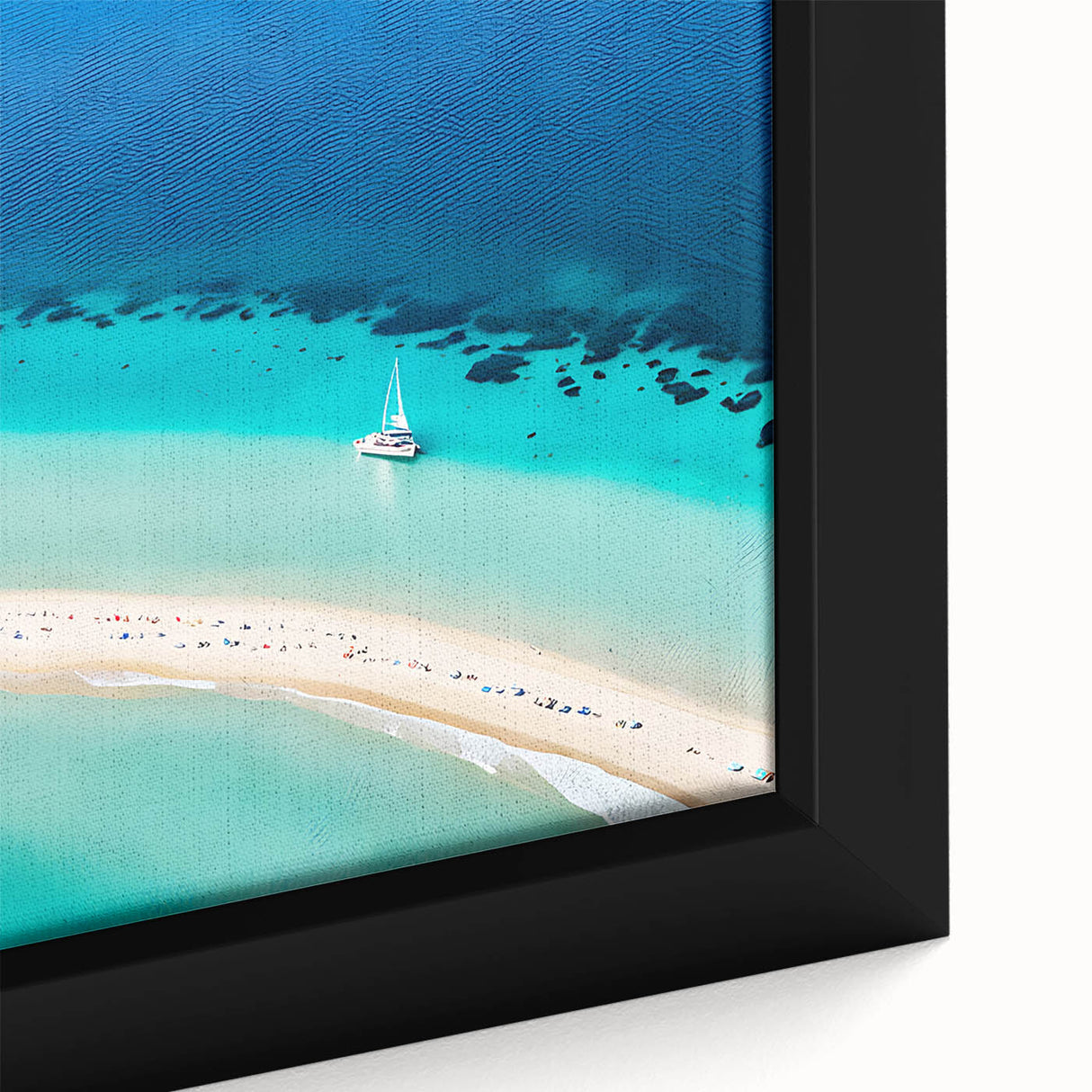 Black wall art featuring a textured Caribbean landscape in vibrant colors on a framed canvas.