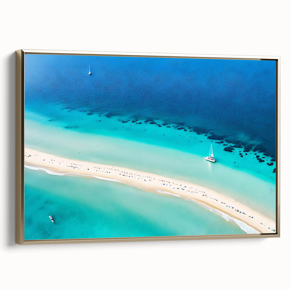 Framed canvas featuring a vintage-style Jamaican landscape with lush greenery and a golden frame, ideal for bedroom wall art.