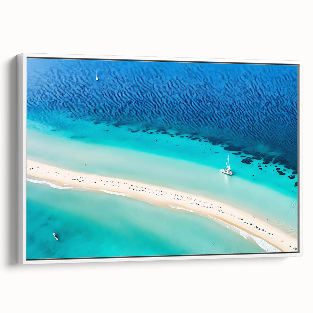 Vintage poster art depicting a Caribbean Jamaican scenery on a framed canvas, ideal for extra large living room wall.