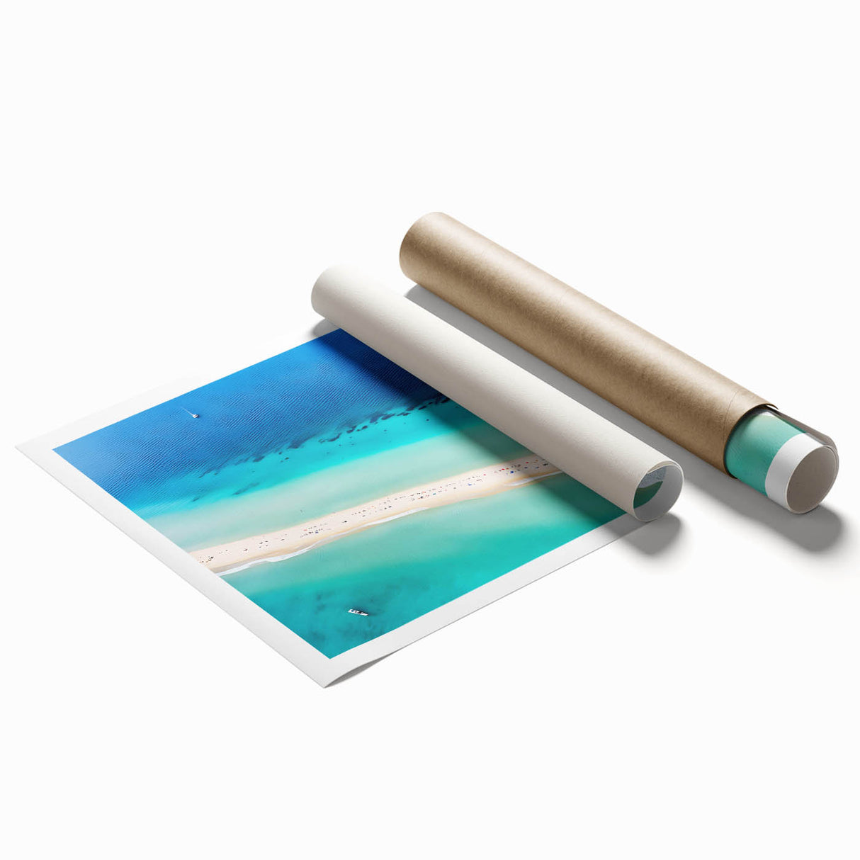 Large rolled print of a Caribbean scenery with lush floral elements in vibrant greens and blues.