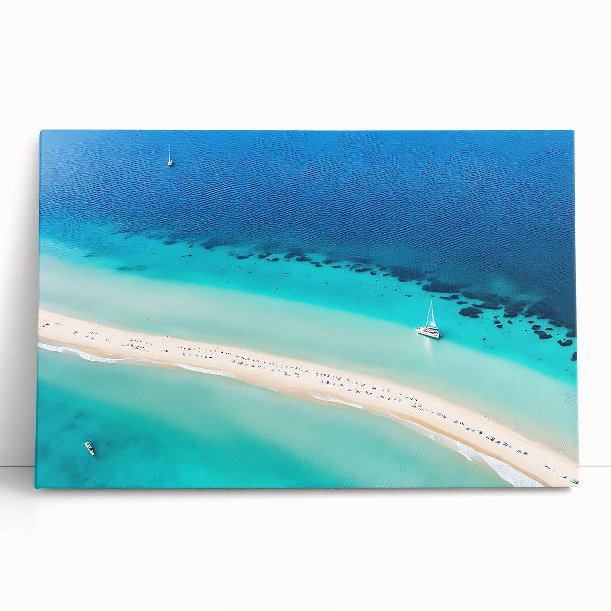Large black and white stretched canvas of a Caribbean scenery, suitable as kitchen wall art.