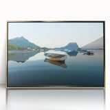 Mid-century modernist art depicting a Caribbean scenery in vibrant blues and greens on a framed acrylic.