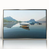 Art deco poster of Caribbean Martinique scenery in silver framed acrylic, featuring vibrant blue and green tones.