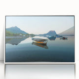 Large art print of a serene Martinique beach landscape in pastel colors, framed in white acrylic.