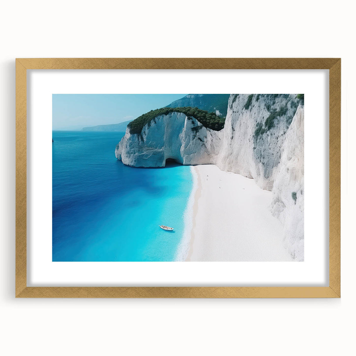 Abstract art print of the Caribbean Virgin Islands in muted blue and green tones, framed in gold.