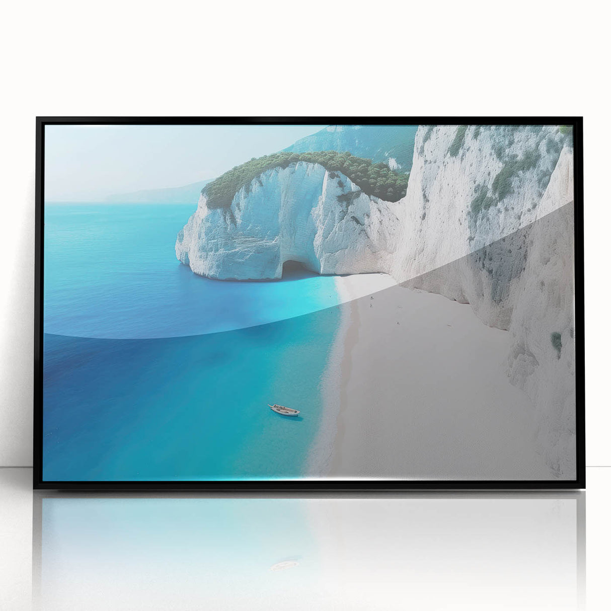 Large abstract wall art depicting the Caribbean Virgin Islands in vibrant blue and green tones, framed in black acrylic.