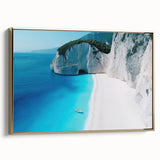 Framed canvas of a serene Caribbean landscape with lush greenery and blue waters, ideal for bedroom wall art.