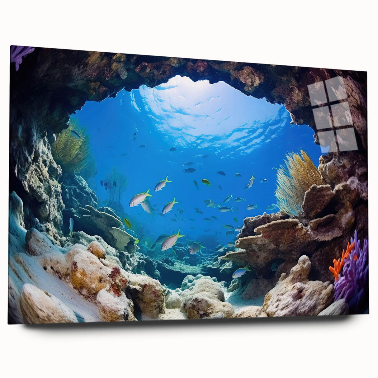 Large abstract wall art print of Central American scenery in vibrant greens and blues on acrylic glass.