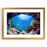 Extra large abstract art print of a textured Central American scenery in muted earth tones, framed in gold.