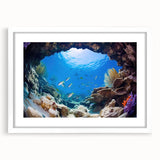 Abstract art print depicting a vibrant, colorful Belize scenery in a white frame, ideal for dining room decor.