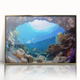 Mid-century modernist art of a Belizean landscape in warm earth tones on a framed acrylic, ideal for modern art wall decor.