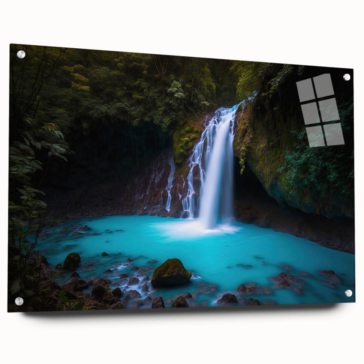 Acrylic print of a Costa Rican landscape, featuring lush greenery and a distant mountain.