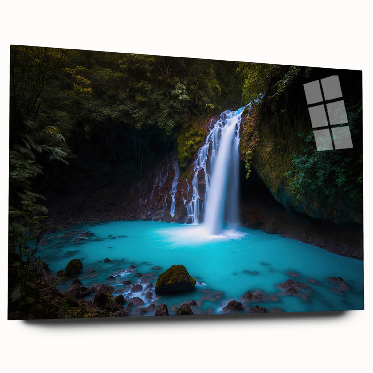 Large abstract wall art of a Costa Rican scenery in vibrant green and blue tones on acrylic glass.