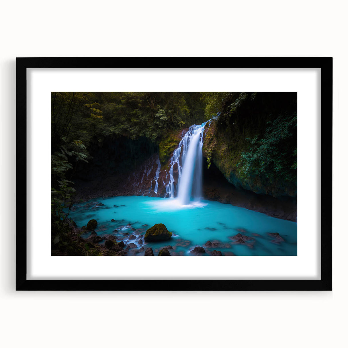 Extra large abstract art print featuring vibrant, colorful textures of a Central American scenery on a framed black mat.