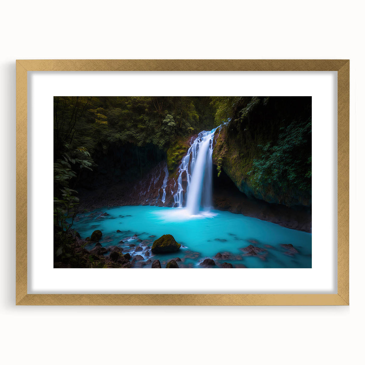 Extra large abstract art print of a vibrant, textured Costa Rican landscape in a gold frame, ideal for living room decor.