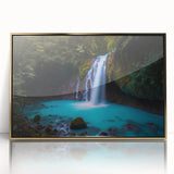 Framed acrylic print of a Costa Rican landscape in subdued green and blue tones, ideal for modern art wall decor.