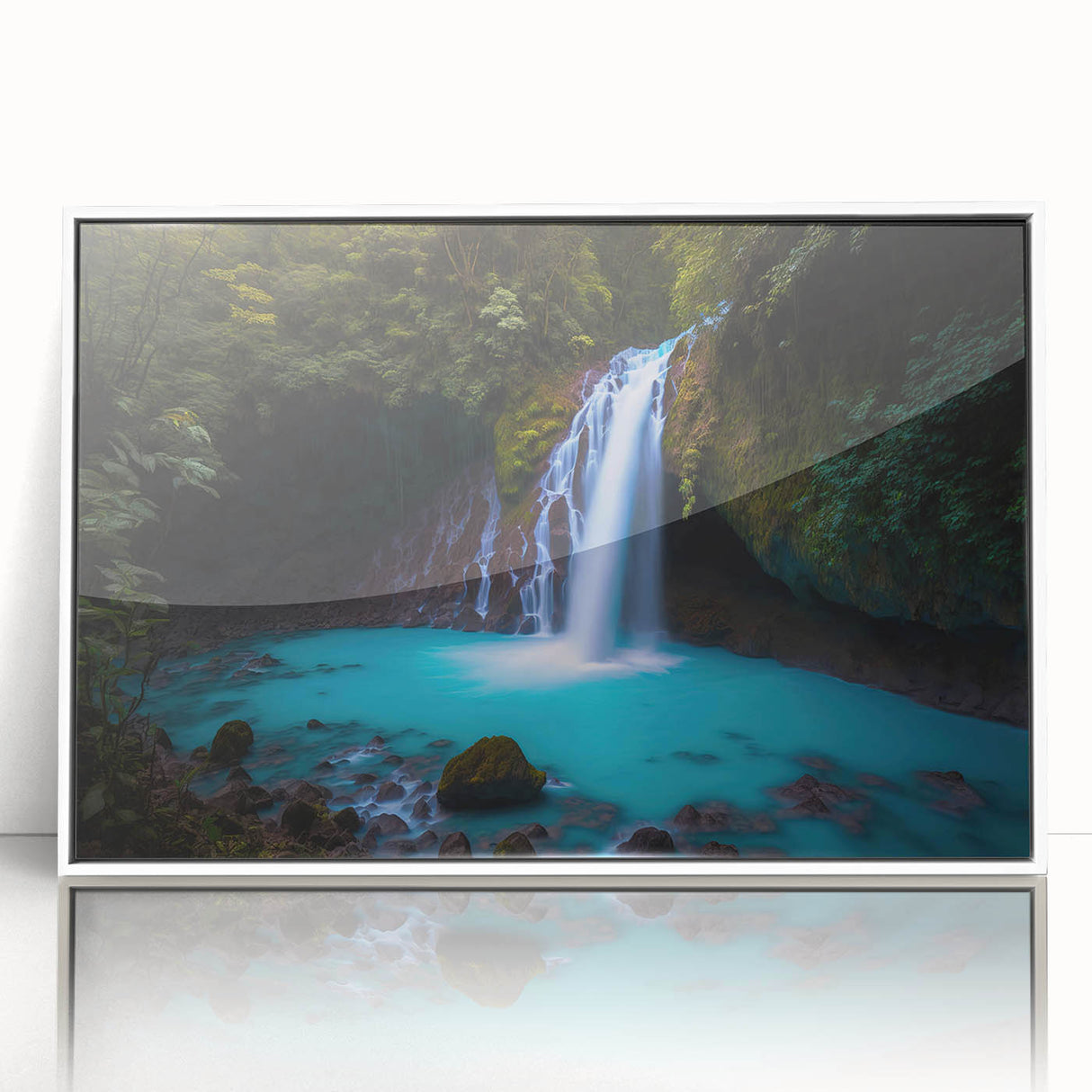 Framed acrylic print of a Costa Rican landscape in soft pastel tones, ideal for modern nursery wall decor.