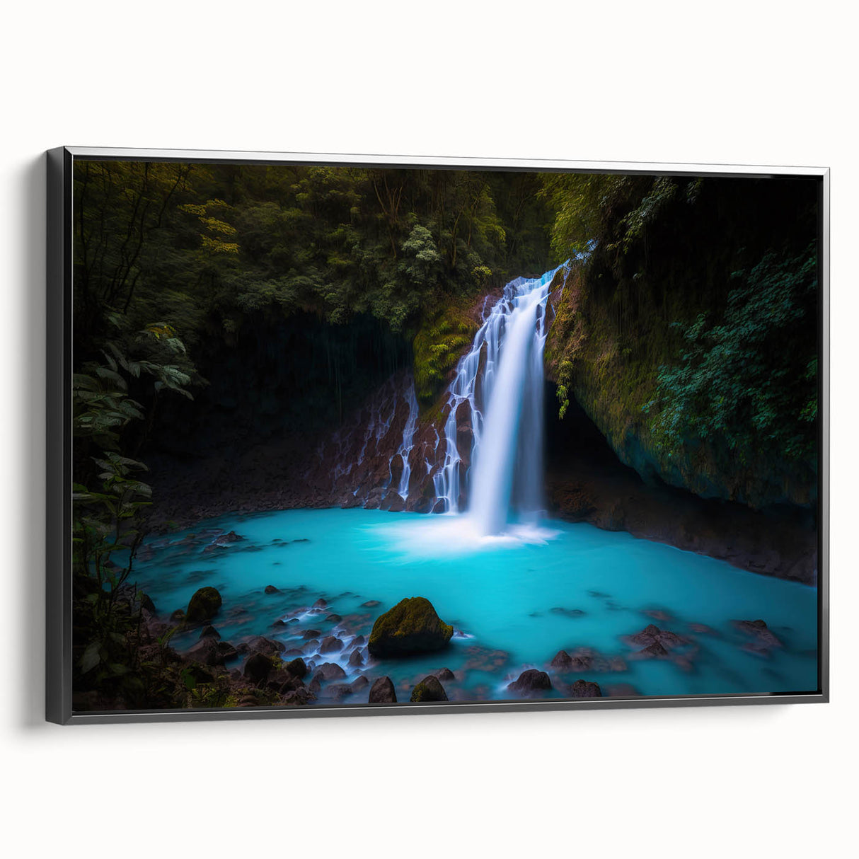 Black and white vintage poster art of a Costa Rican landscape on framed canvas, ideal for bedroom wall decor.