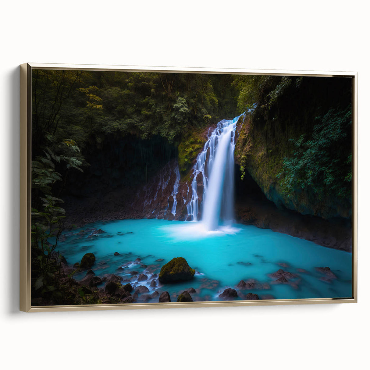 Framed canvas featuring a vintage-style landscape painting of a Costa Rican scenery, with muted earth tones.