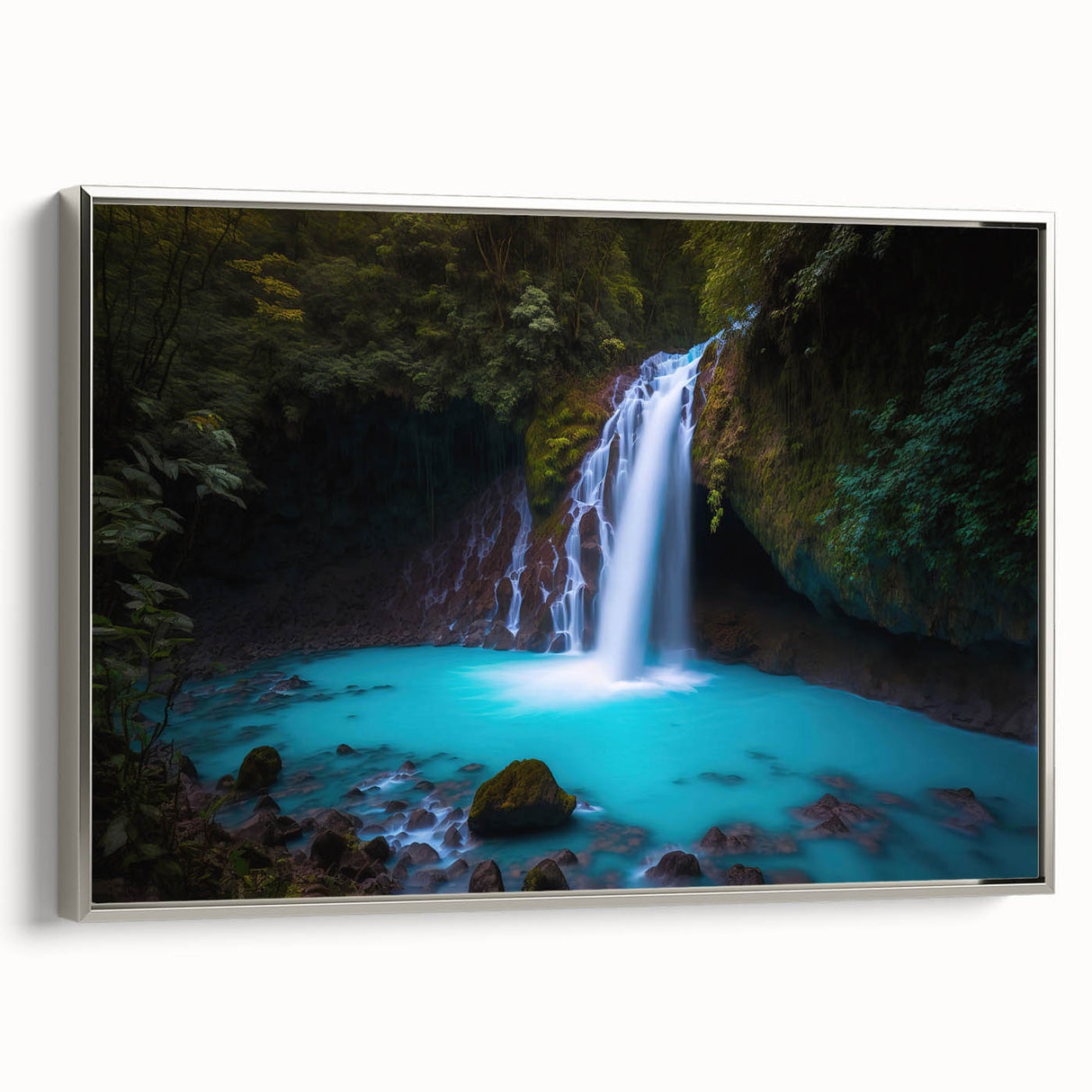 Framed canvas featuring a vintage-style landscape painting of a Costa Rican scenery with vibrant colors on a black…
