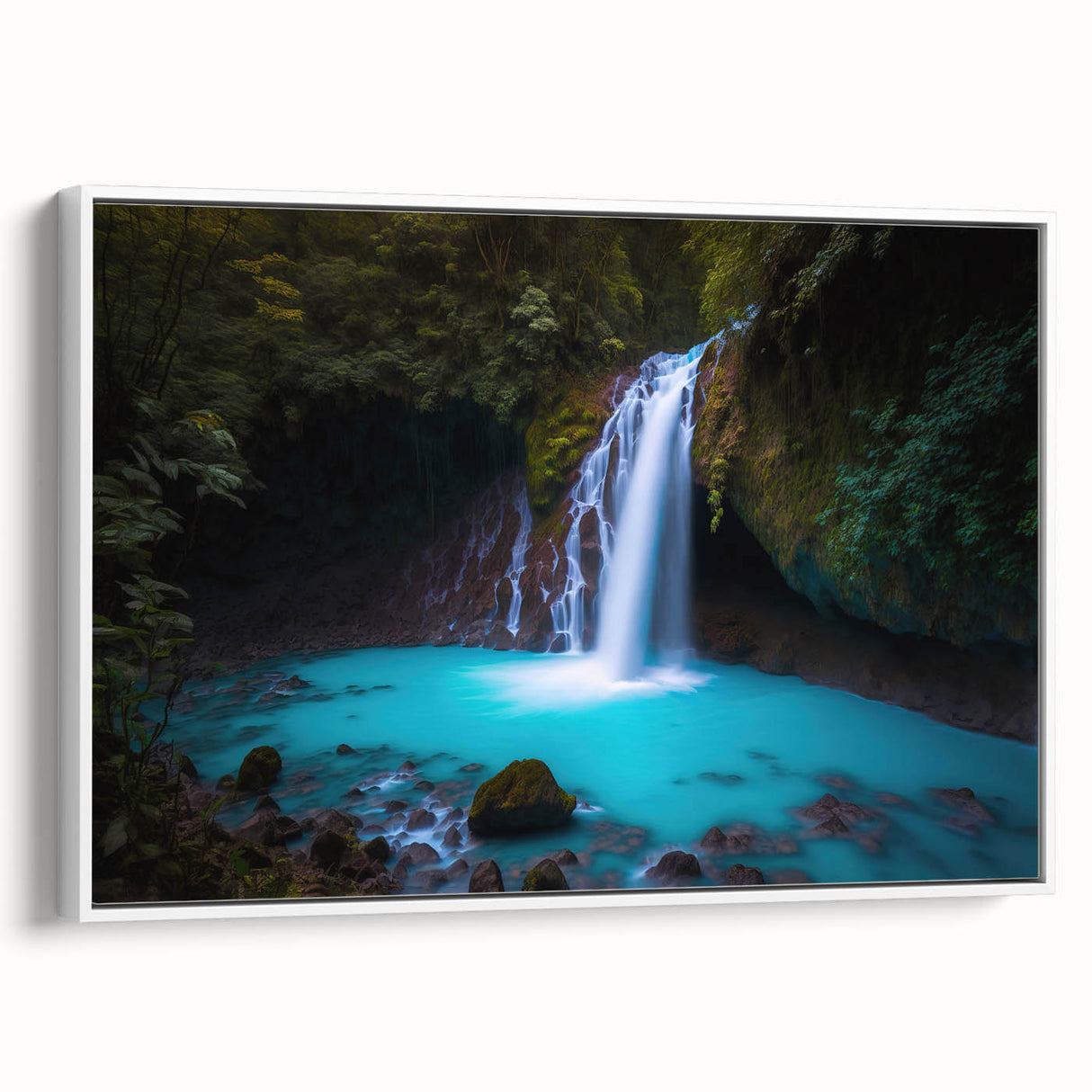 Vintage poster art of a Costa Rican landscape on framed canvas, featuring vibrant colors, ideal for living room decor.