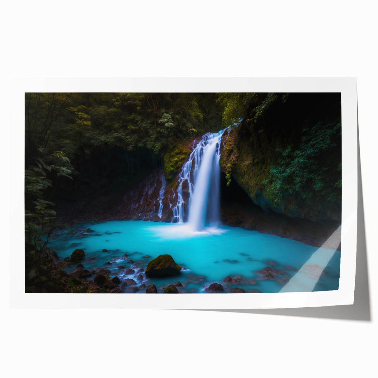 Rolled print of a Costa Rican landscape featuring lush greenery and a distant mountain, in muted earth tones.