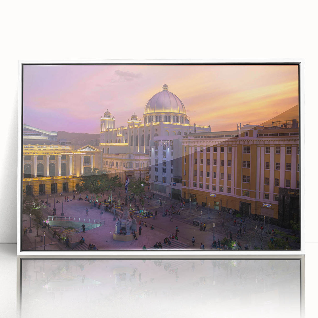 Acrylic print of El Salvador scenery in art deco style with vibrant colors, framed in white.