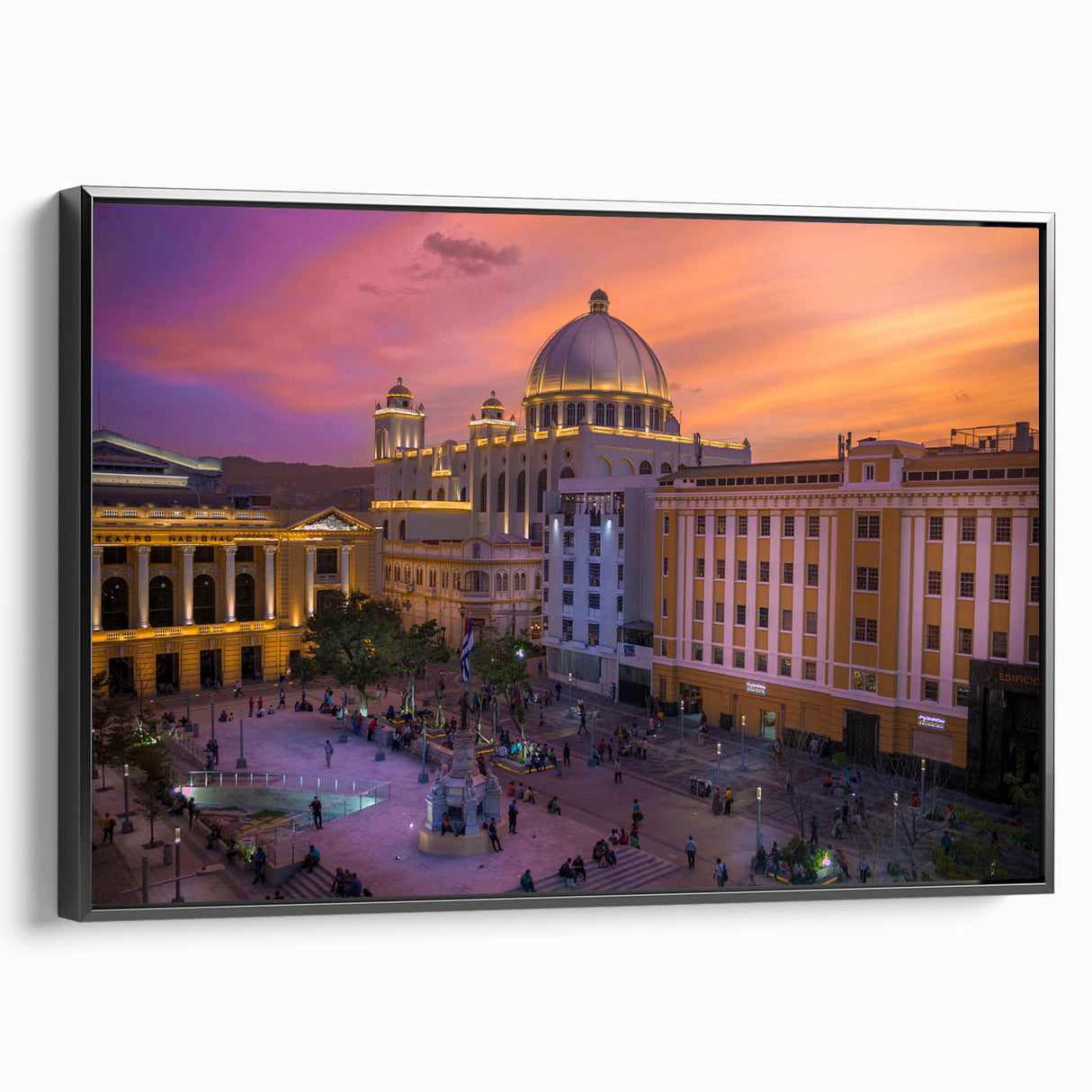 Black and white landscape art painting of a Central American scenery on a framed canvas, suitable for bedroom decor.