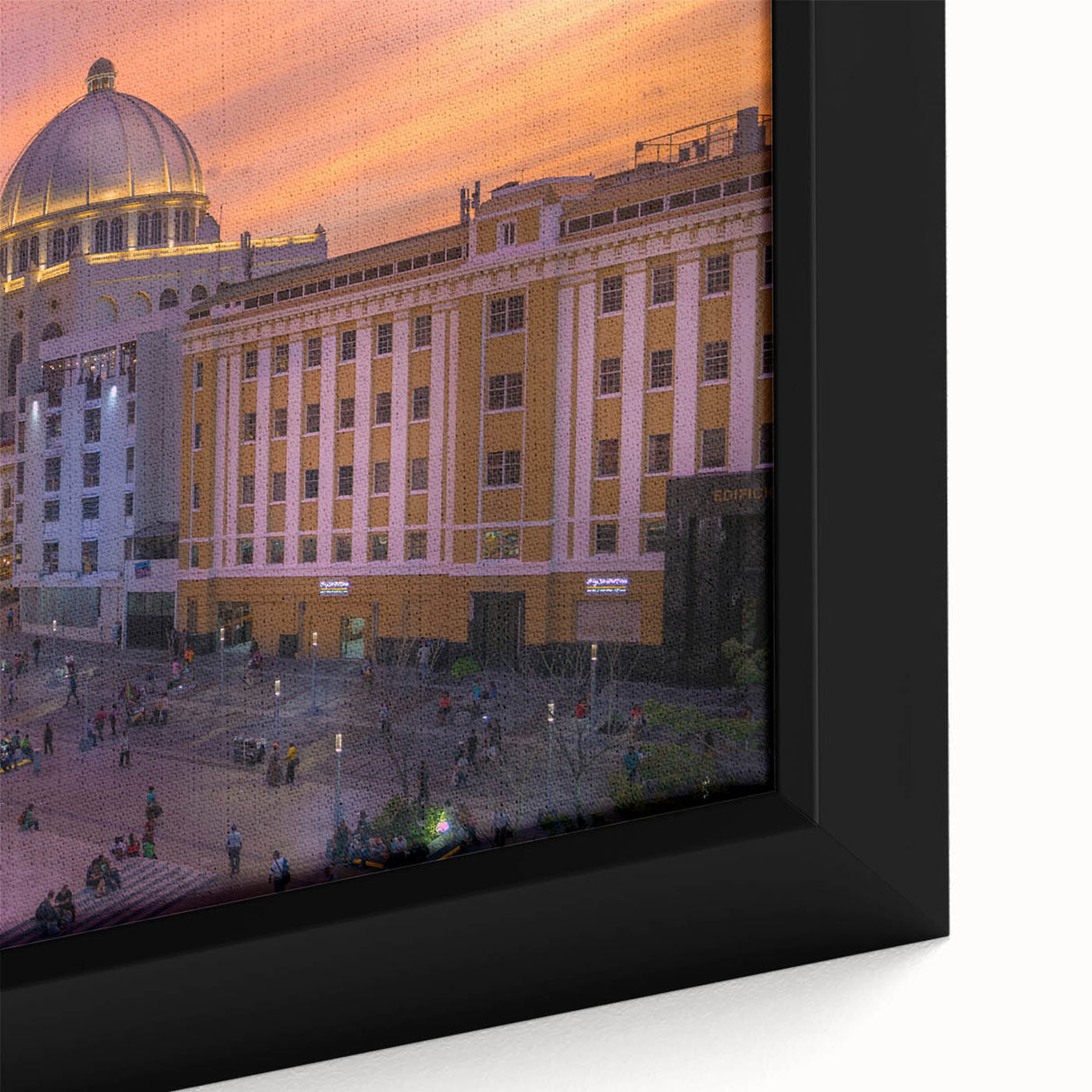 Framed canvas featuring a vintage-style landscape painting of El Salvador, with muted earth tones.