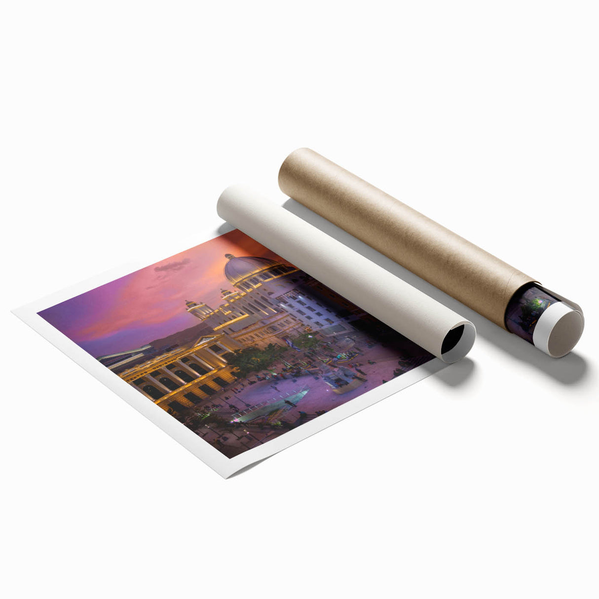 Extra large rolled print of a Central American landscape with vibrant floral elements, ideal for classy bathroom wall art.