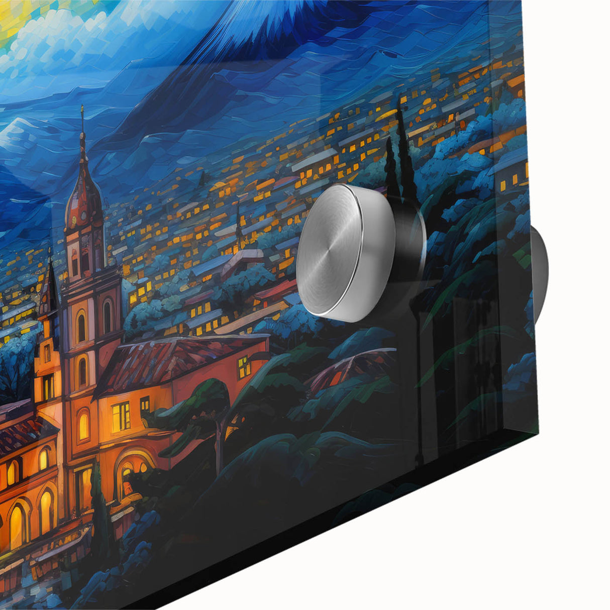 Large abstract wall art depicting the Central American landscape in vibrant orange and green tones on acrylic glass.