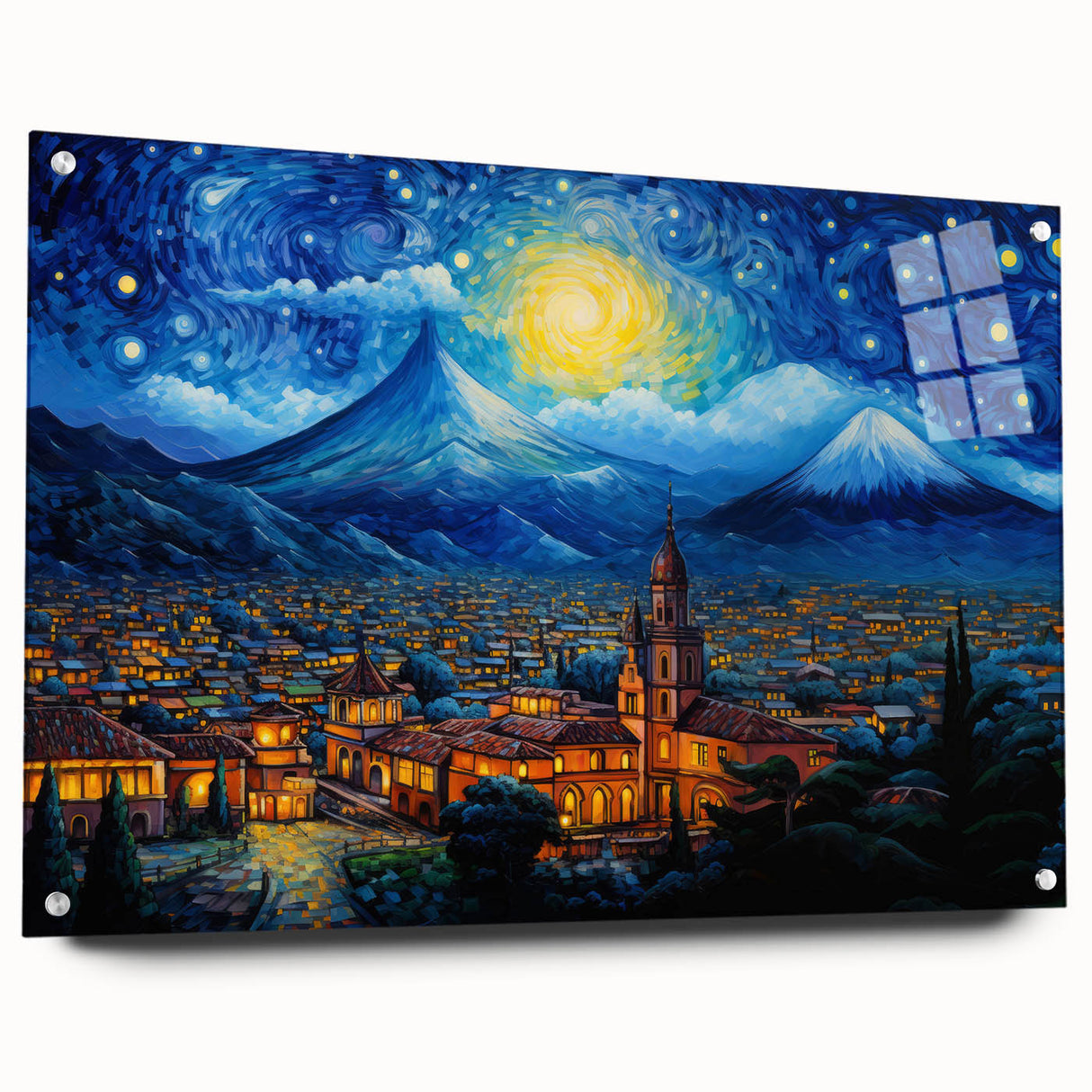 Large abstract wall art of a Central American scenery in vibrant hues on acrylic glass.