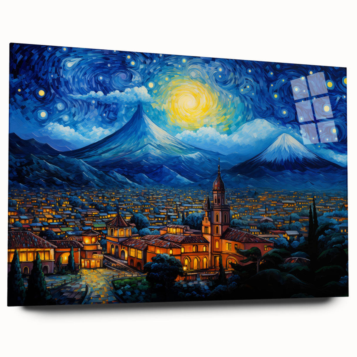 Large abstract wall art depicting a Guatemalan landscape in vibrant blues and greens on acrylic glass.