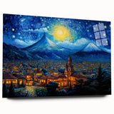 Large abstract wall art depicting a Guatemalan landscape in vibrant blues and greens on acrylic glass.