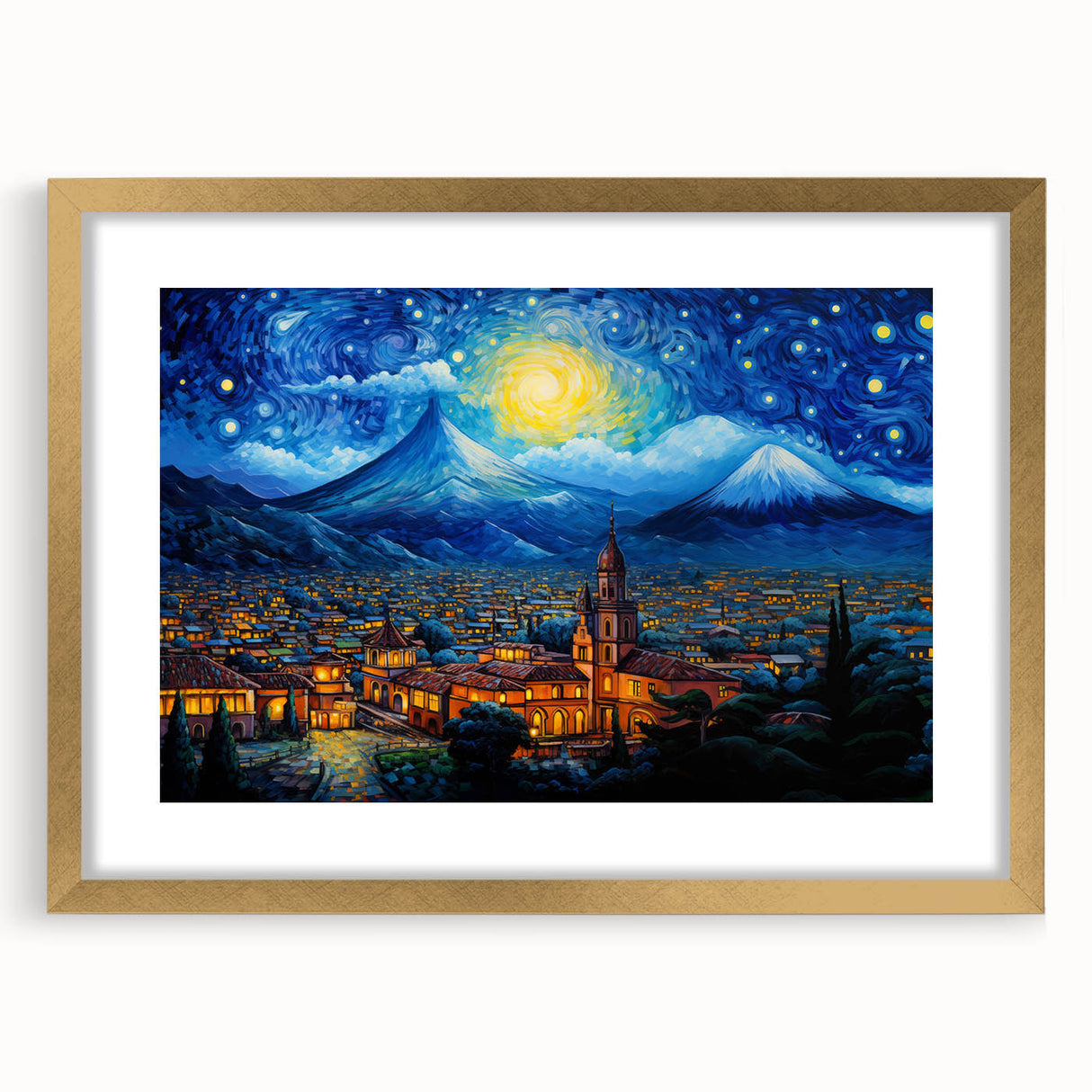 Extra large abstract art print of Central American scenery in muted earth tones, framed in gold.