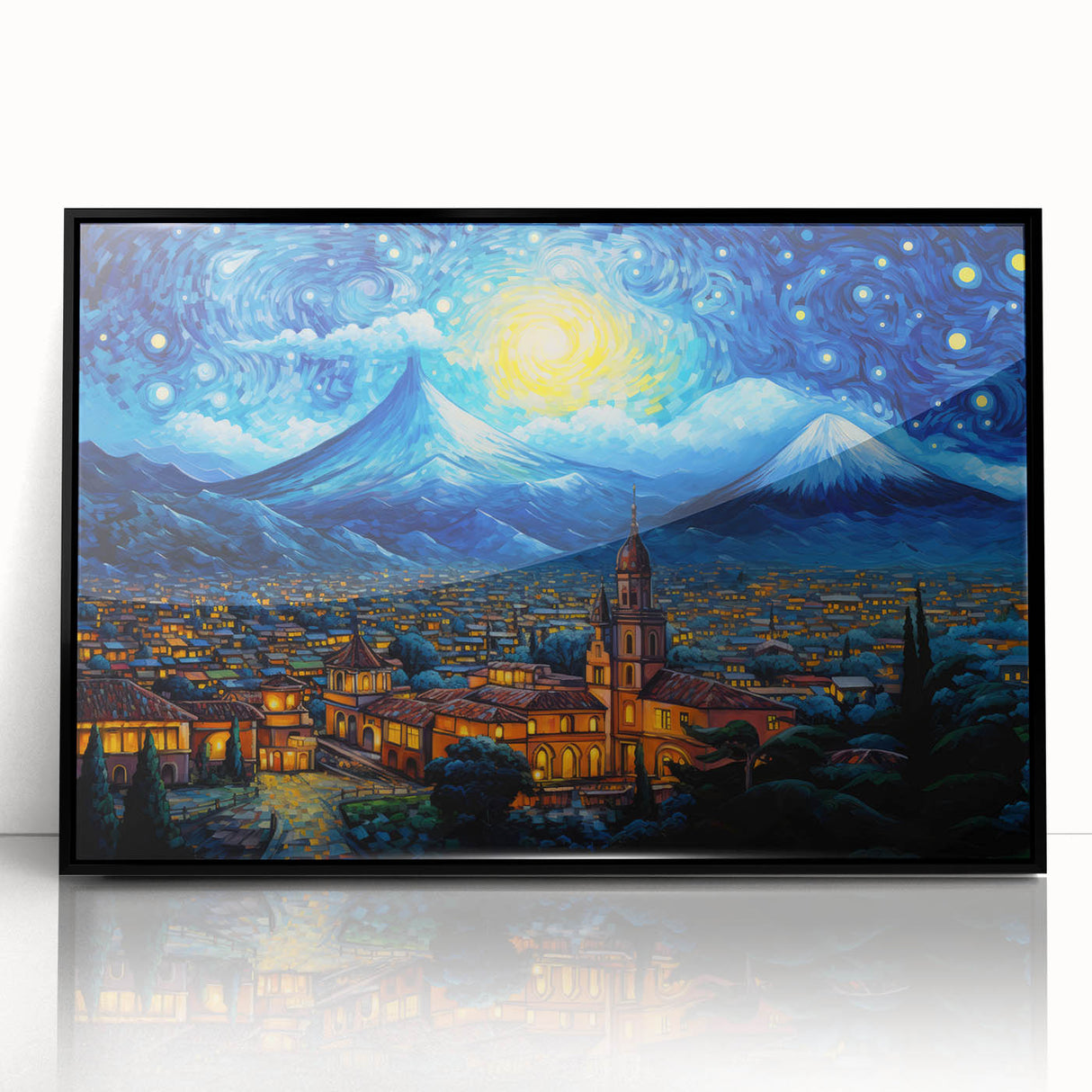 Large abstract wall art featuring a stylized Guatemalan landscape in muted earth tones, framed in black acrylic.