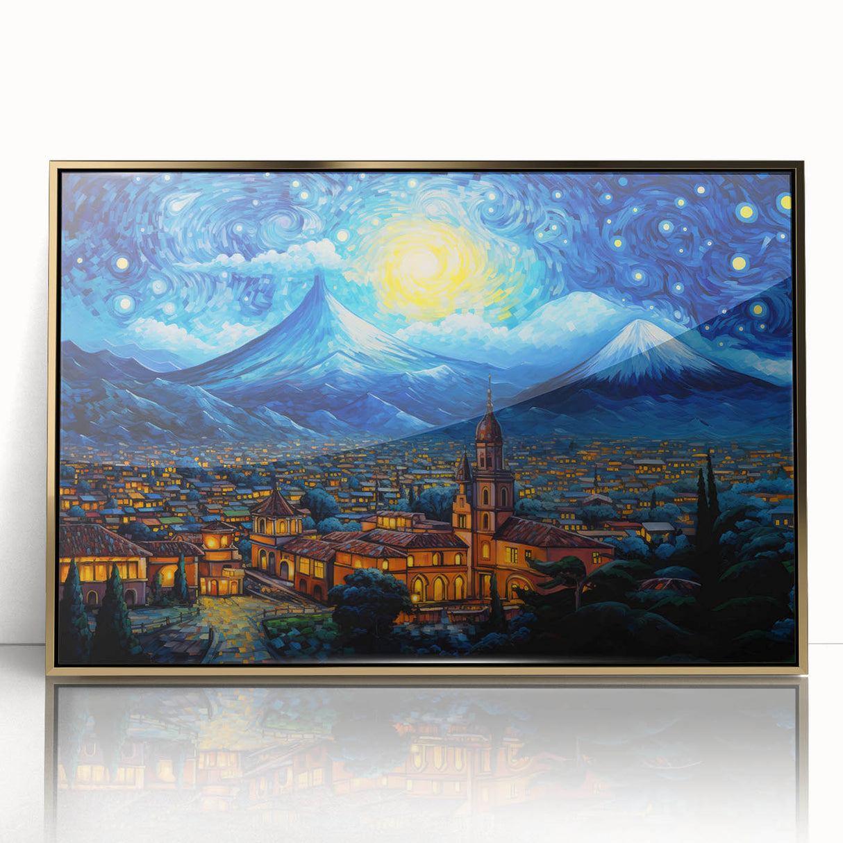 Framed acrylic print of a Central American landscape in gold tones, ideal for modern art wall decor.
