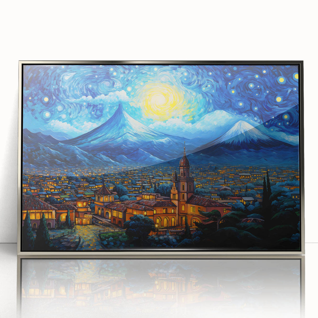 Mid-century modernist art depicting a Central American landscape in muted earth tones, framed in silver acrylic.