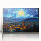 Mid-century modernist art depicting a Central American landscape in muted earth tones, framed in silver acrylic.