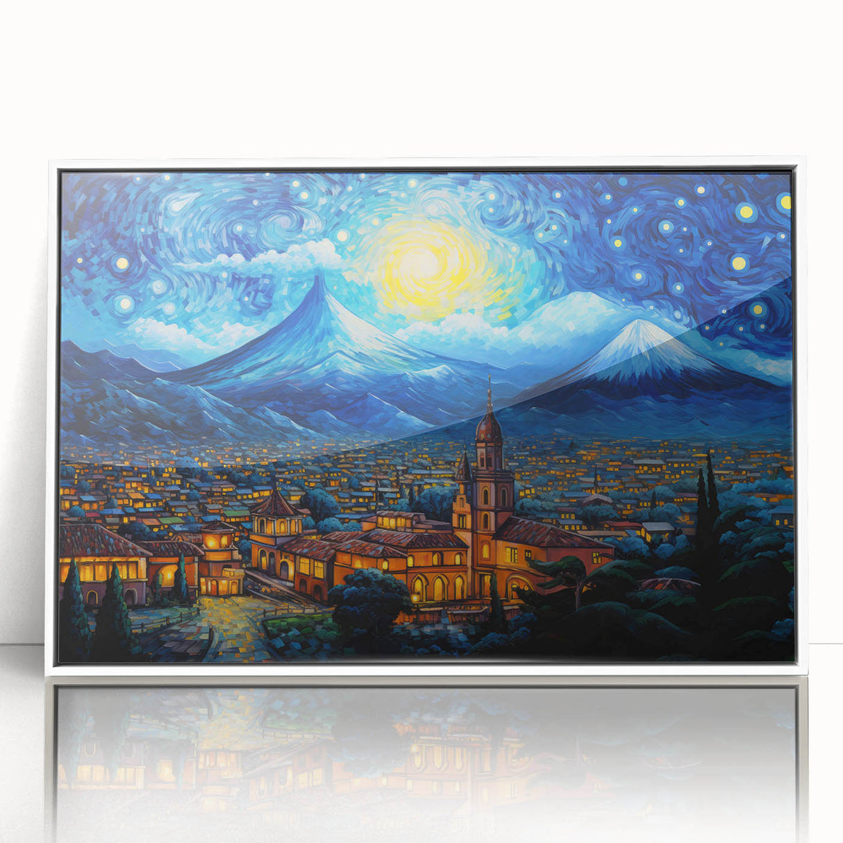 Acrylic print of a Central American scenery in art deco style, with vibrant green and blue tones, framed in white.