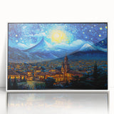 Acrylic print of a Central American scenery in art deco style, with vibrant green and blue tones, framed in white.