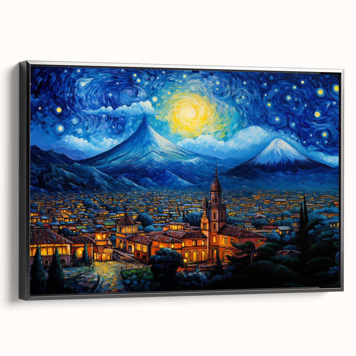 Black and white landscape art painting of Central America on framed canvas, ideal for bedroom wall decor.