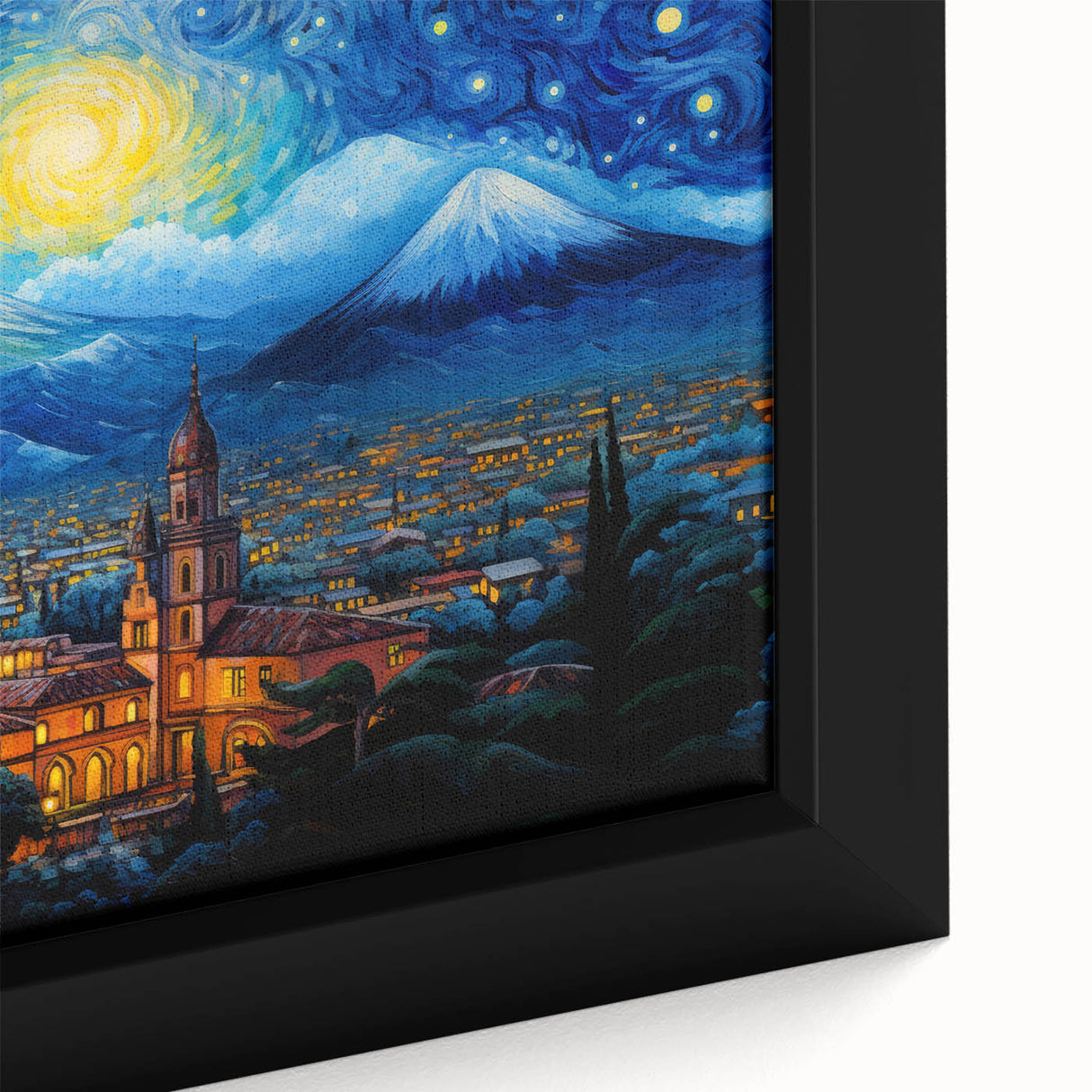 Extra large framed canvas featuring a textured, colorful portrayal of Central America's scenery, ideal for living room decor.