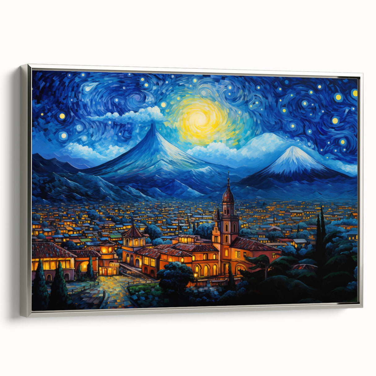 Landscape art painting of a Guatemalan scene in vibrant colors on a framed canvas.
