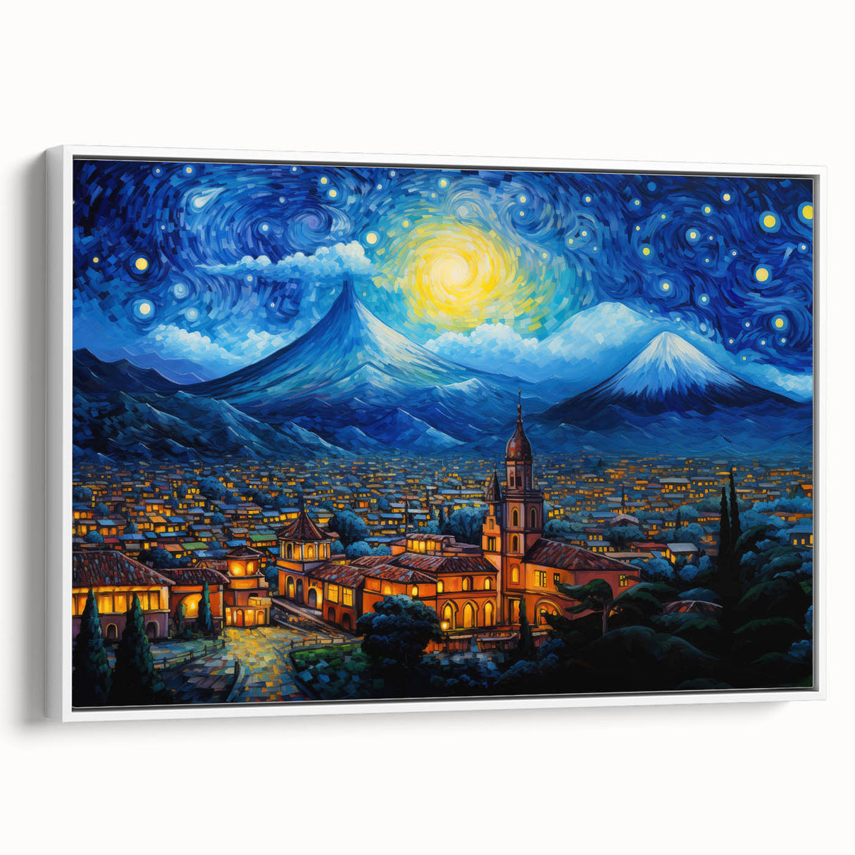 Vintage poster art of a Central American scenery in vibrant colors on a white framed canvas, ideal for living room decor.