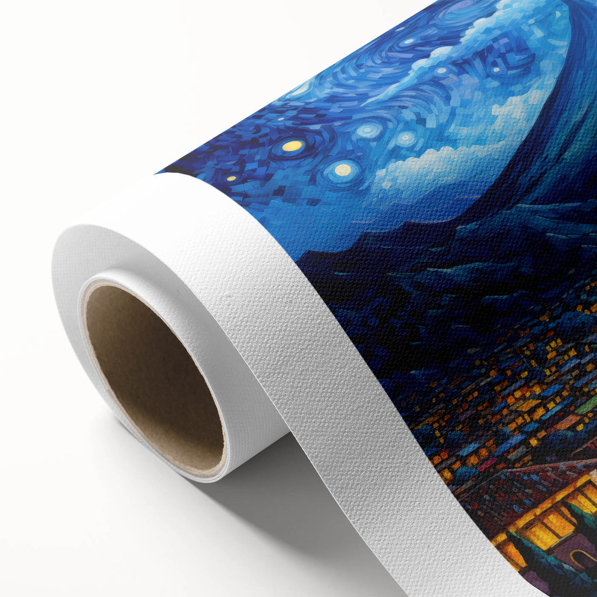 Art Deco style poster of Central American scenery in vibrant green and blue tones, rolled canvas.