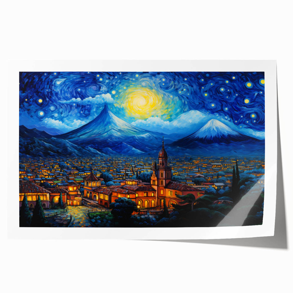 Extra large rolled print of Guatemalan scenery with vibrant floral elements, ideal for dining room wall art.