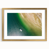 Extra large abstract art print of Central American scenery in muted earth tones on a gold-framed canvas.