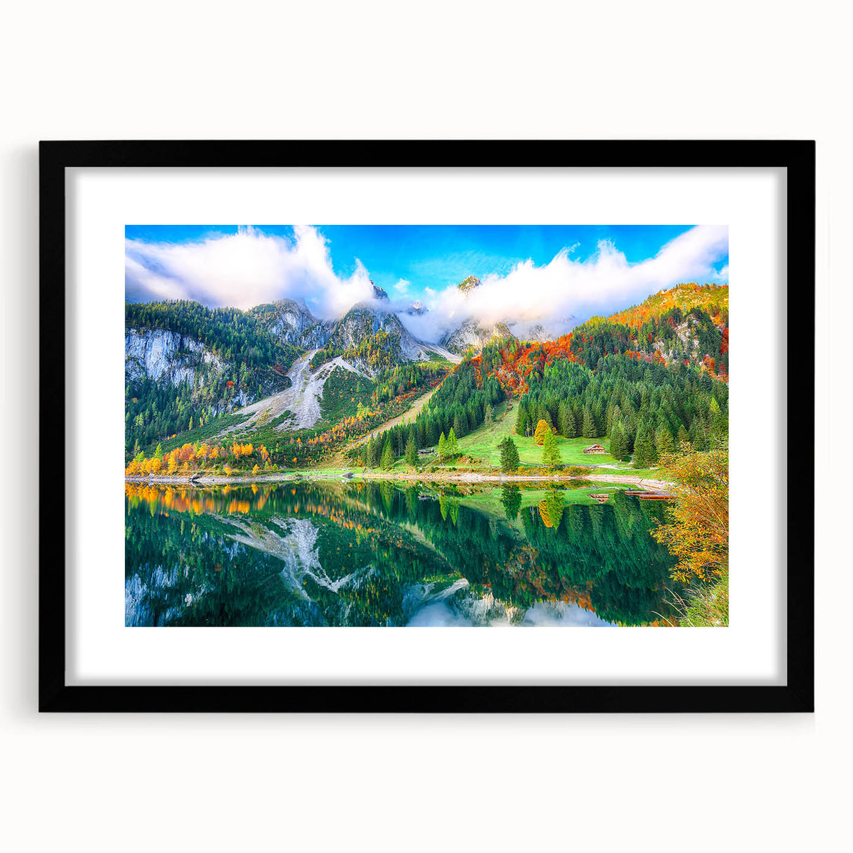 Abstract art print of a colorful Austrian landscape on textured canvas, framed in black, ideal for living room decor.