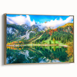 Framed canvas featuring a vintage-style landscape painting of an Austrian scenery in muted gold and black tones.